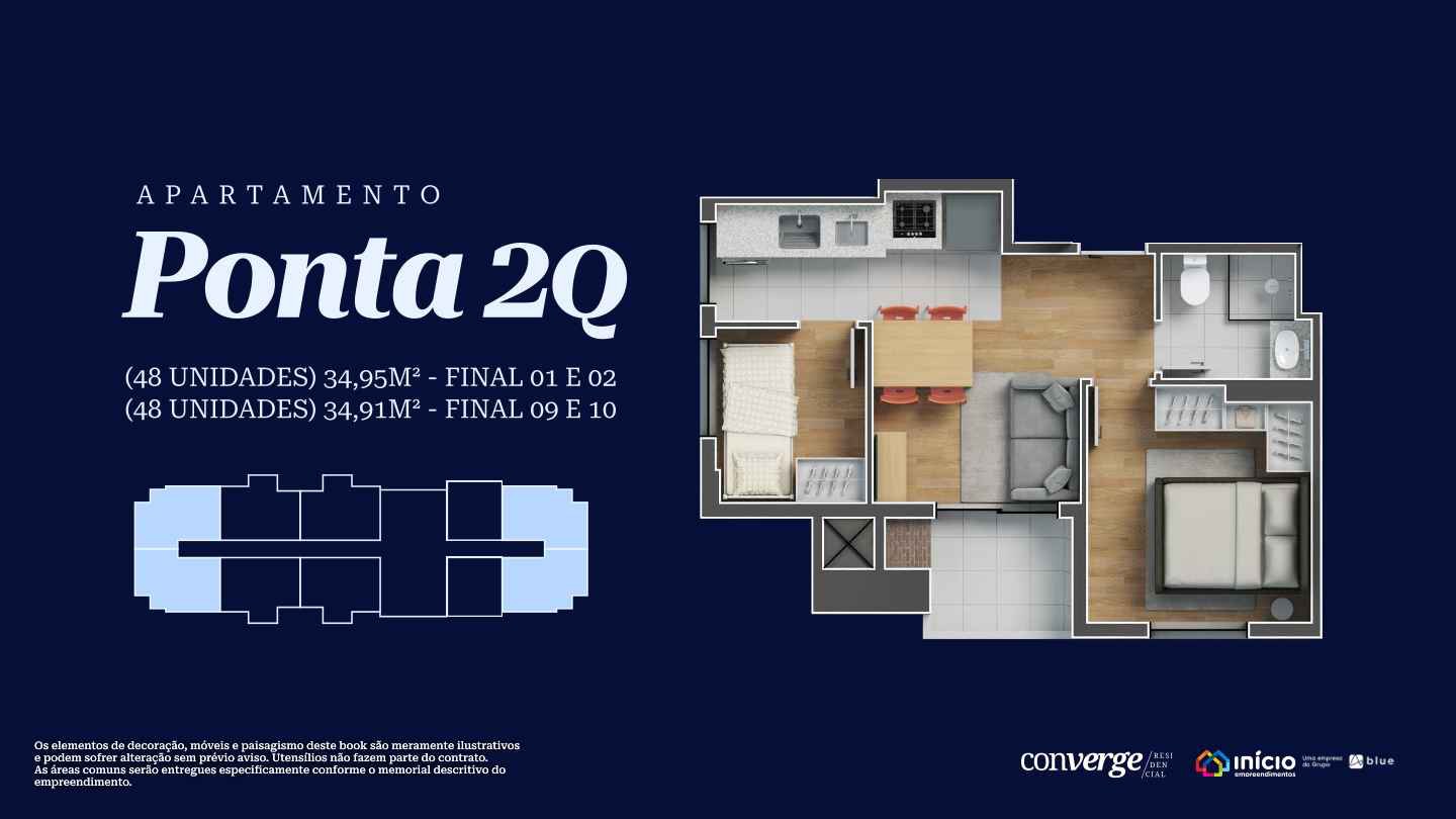 Planta humanizada do apartamento 2 quartos ponta do Converge